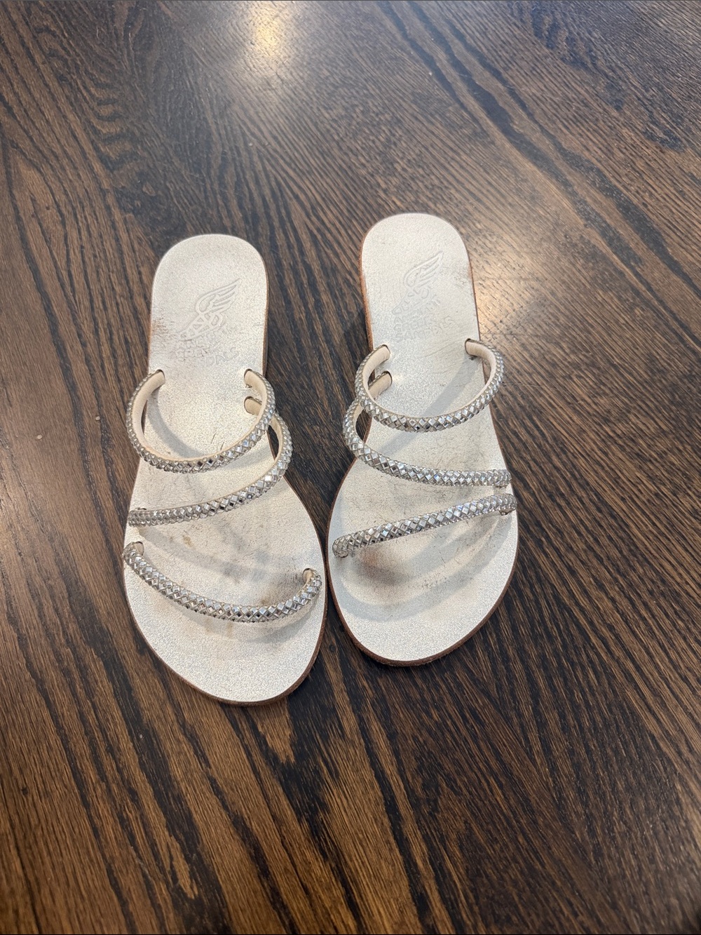 Ancient Greek Sandals White Rhinestone Triple-Strap Slide